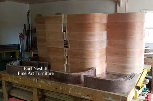 stacked laminates for custom made art deco cabinet in Earl's shop